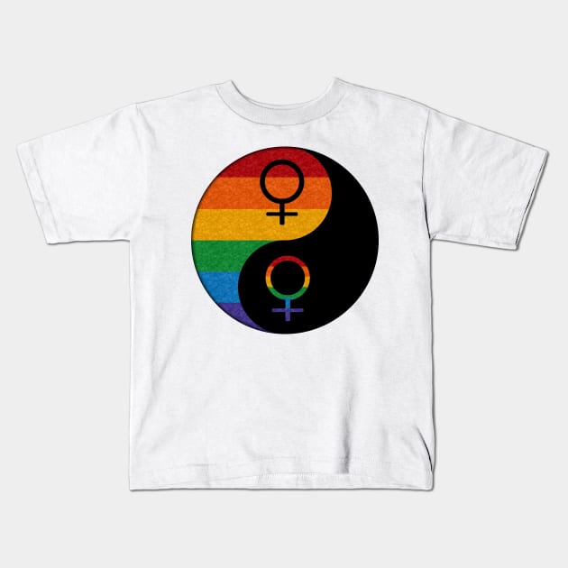 Rainbow Colored Lesbian Pride Yin and Yang with Female Gender Symbols Kids T-Shirt by LiveLoudGraphics